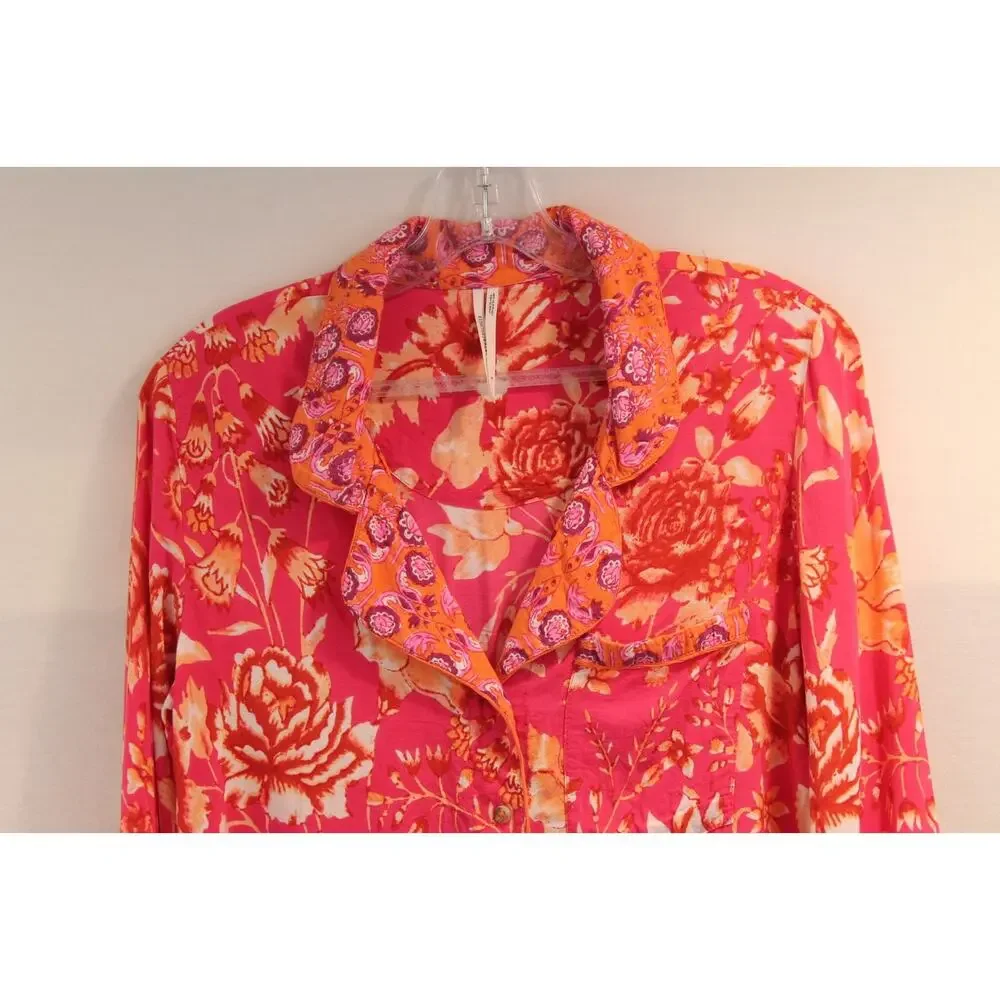 Anthropologie Kari Rayon Pajama Top Womens size S Pink Floral Mix Patchwork Trim